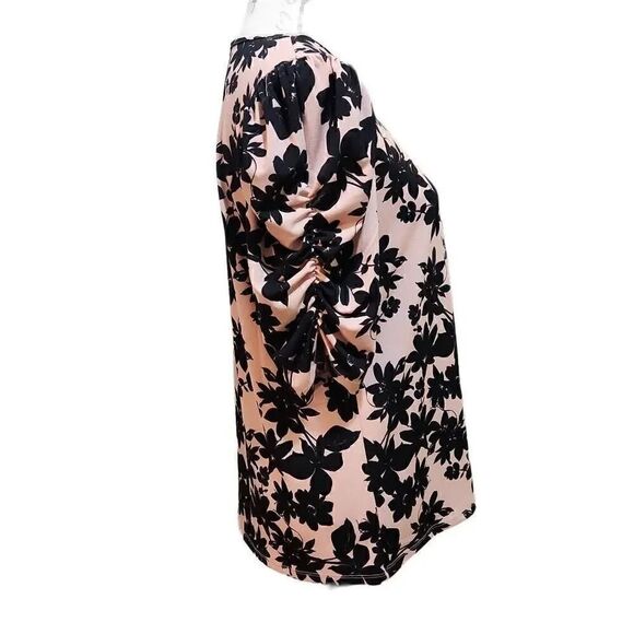 Adrienne Vittadini Ladies Pink & Black Floral Ruched Elbow Sleeve Blouse - Size - Picture 3 of 9